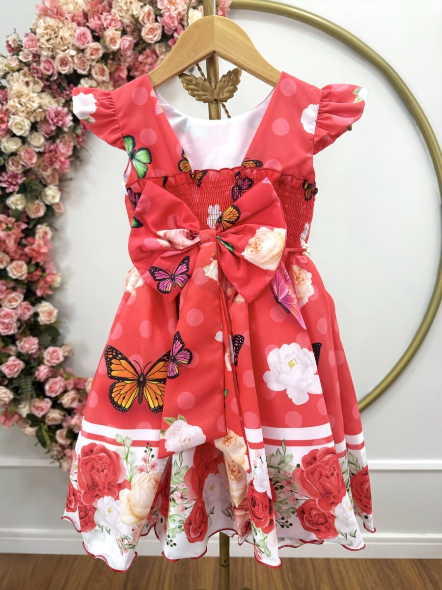 Vestido Infantil Vermelho Jardim das Borboletas Pérolas