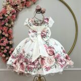 Vestido Infantil Off White Floral com Laço ou Tiara