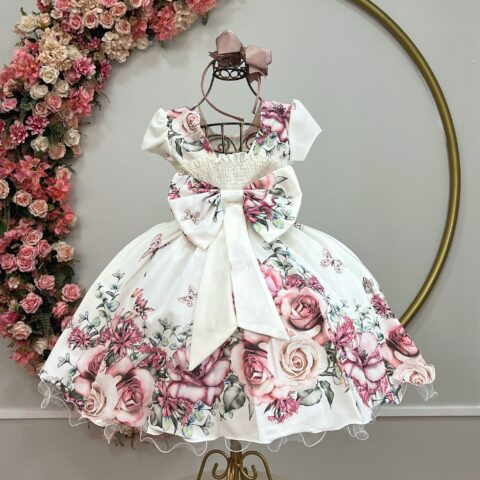 Vestido Infantil Off White Floral com Laço ou Tiara