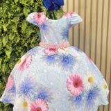 Vestido Infantil Azul Florido com Laço ou Tiara