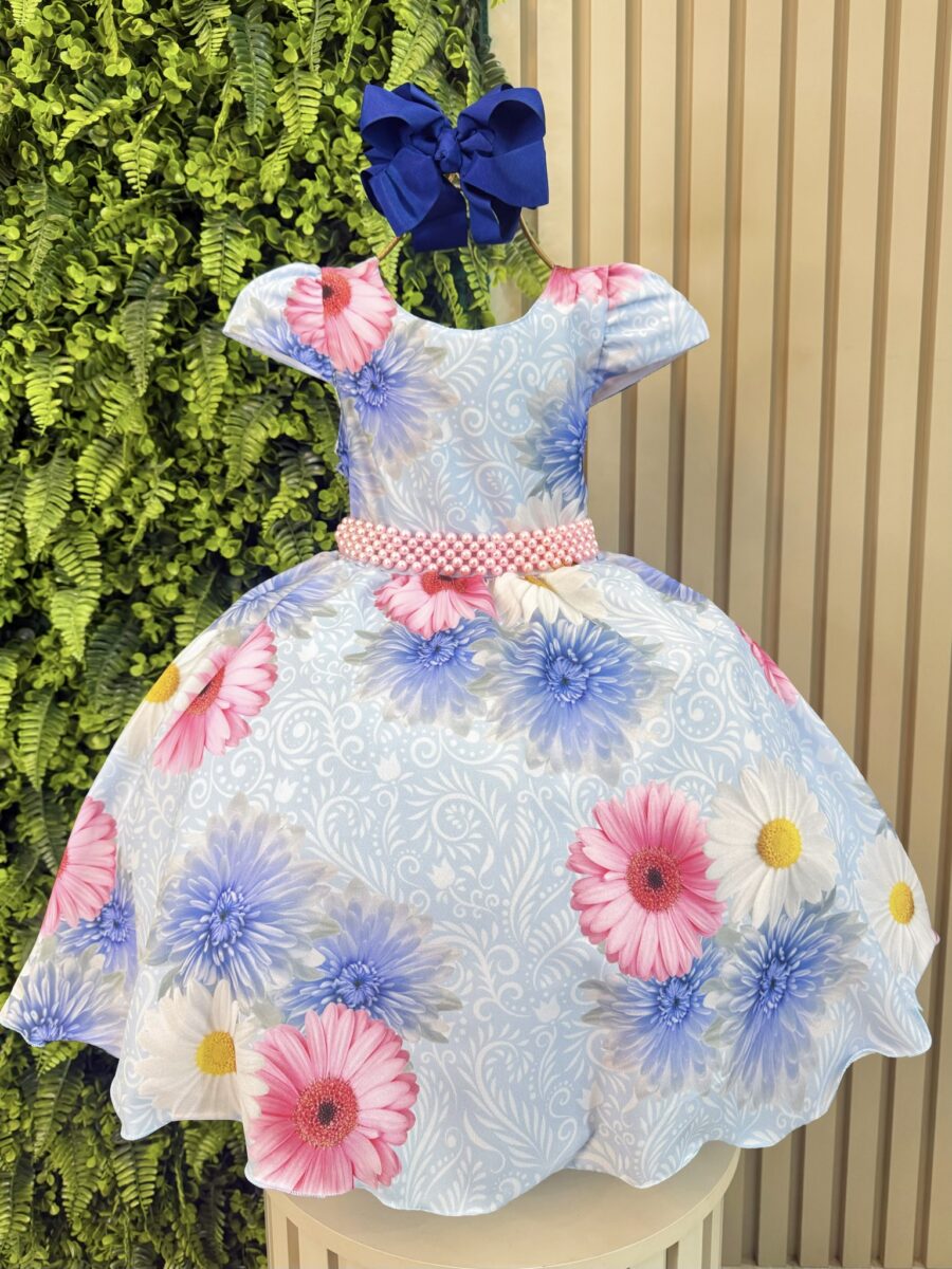 Vestido Infantil Azul Florido com Laço ou Tiara