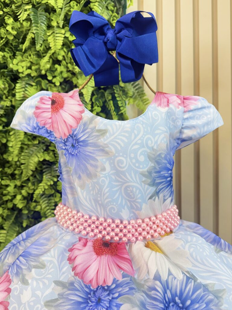 Vestido Infantil Azul Florido com Laço ou Tiara