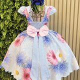 Vestido Infantil Azul Florido com Laço ou Tiara
