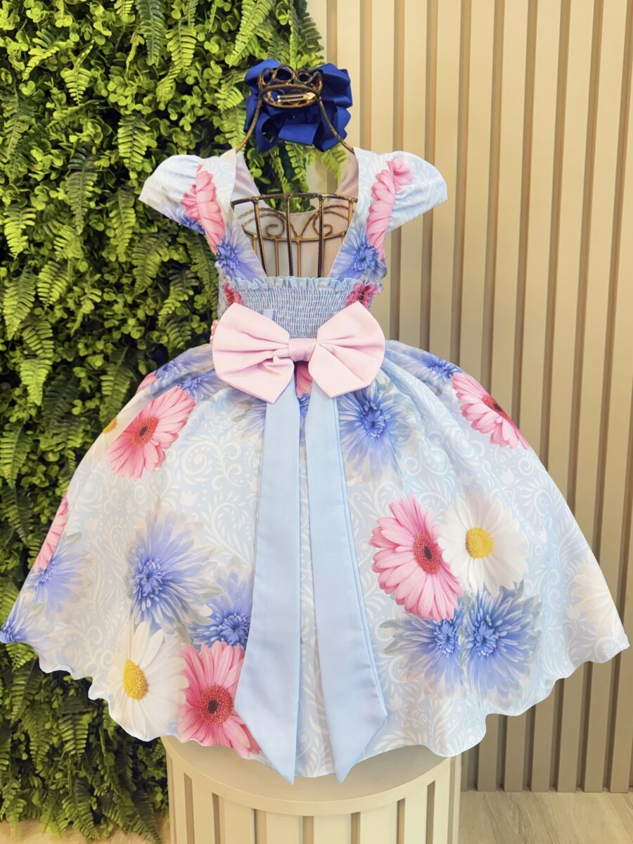 Vestido Infantil Azul Florido com Laço ou Tiara