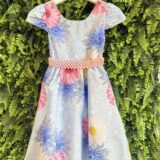 Vestido Infantil Azul Florido com Laço ou Tiara