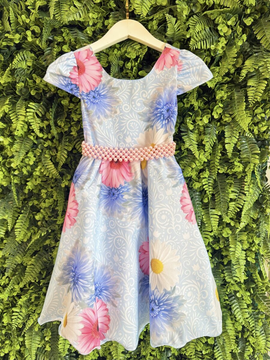Vestido Infantil Azul Florido com Laço ou Tiara
