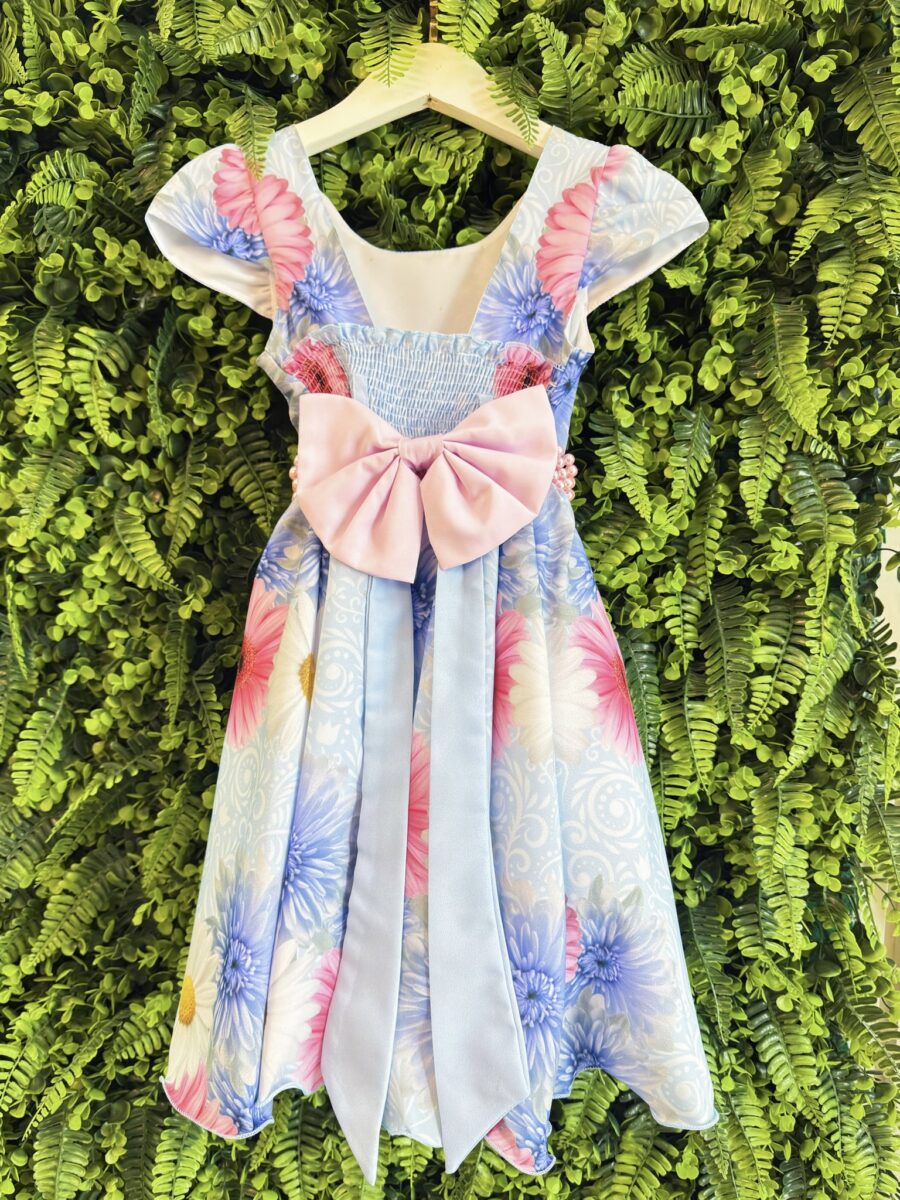 Vestido Infantil Azul Florido com Laço ou Tiara