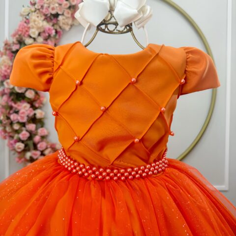 Vestido Infantil Longo Terracota Tule Glitter Busto Nervura