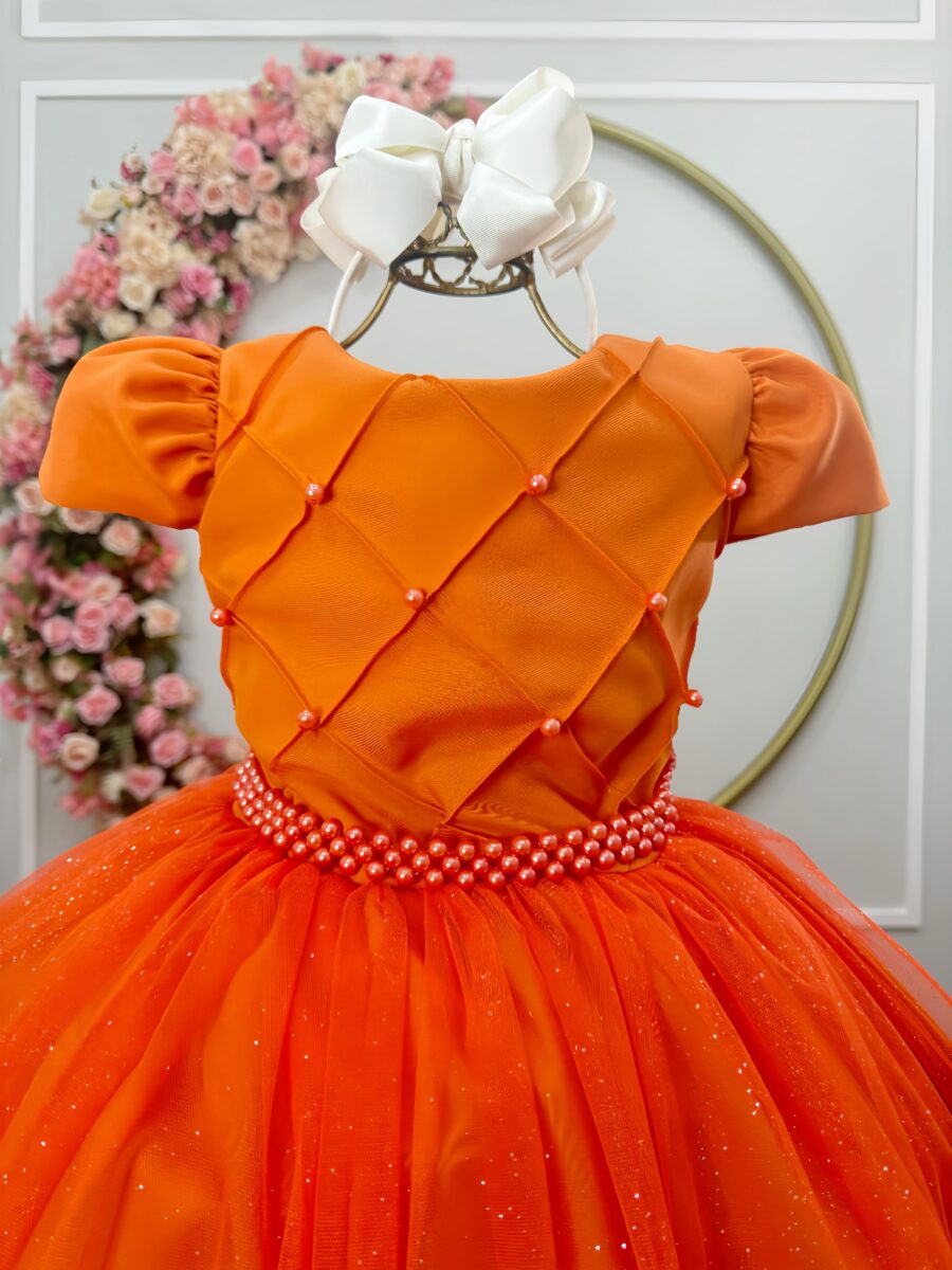Vestido Infantil Longo Terracota Tule Glitter Busto Nervura