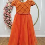 Vestido Infantil Longo Terracota Tule Glitter Busto Nervura
