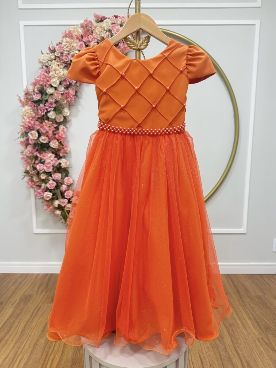 Vestido Infantil Longo Terracota Tule Glitter Busto Nervura