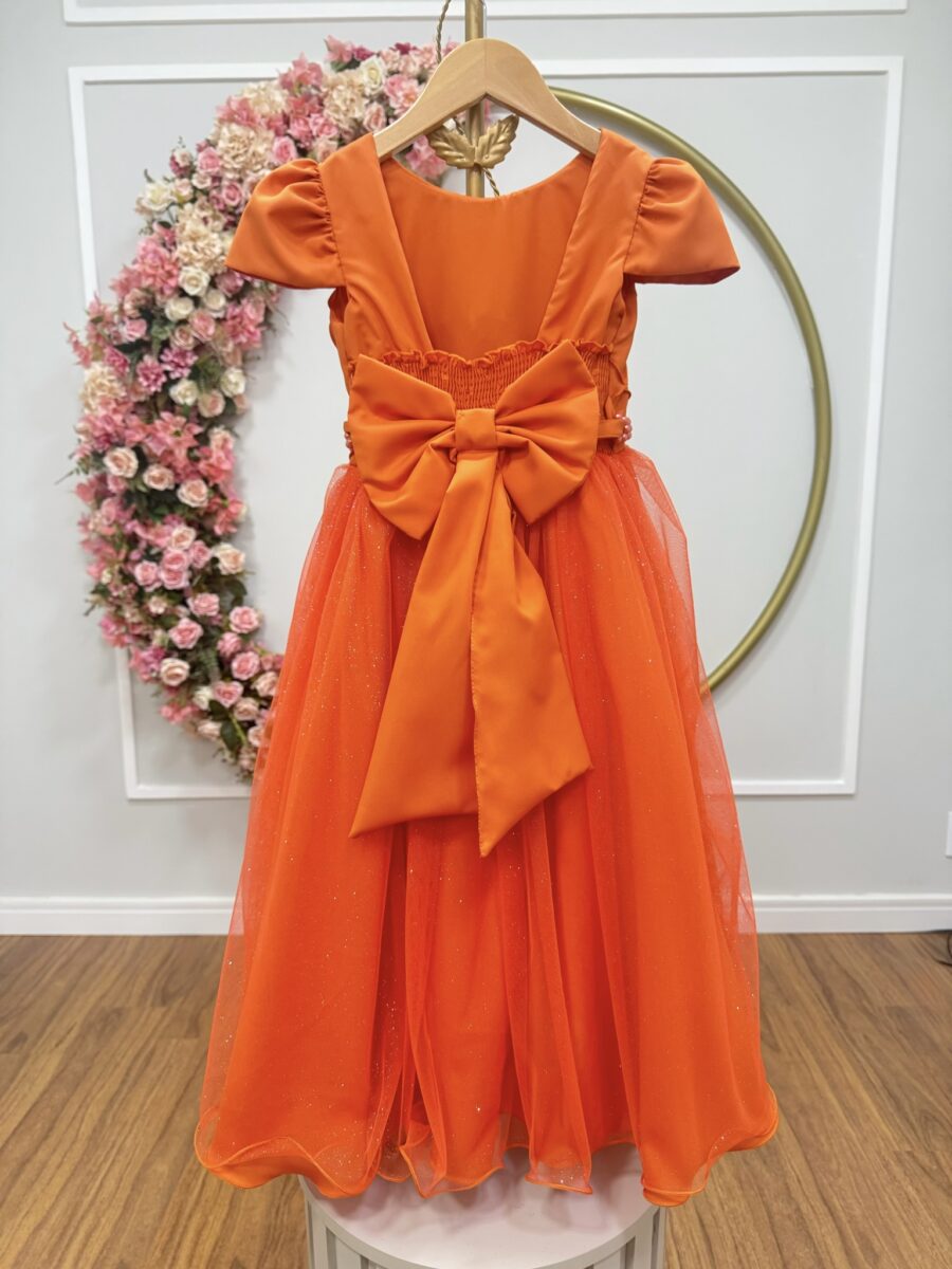 Vestido Infantil Longo Terracota Tule Glitter Busto Nervura