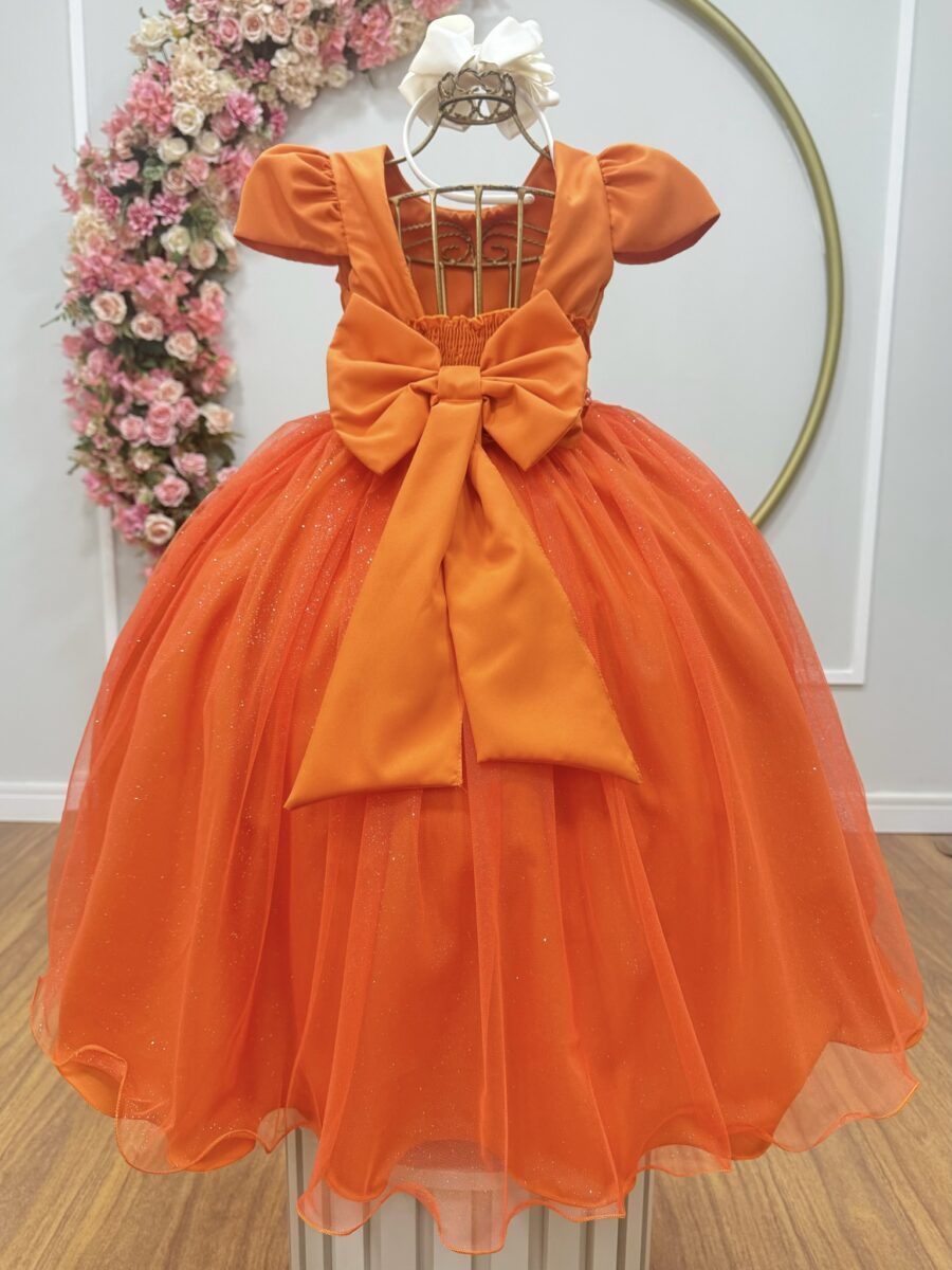 Vestido Infantil Longo Terracota Tule Glitter Busto Nervura