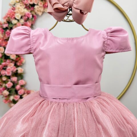 Vestido Infantil Longo Rose Tule com Glitter e Mangas