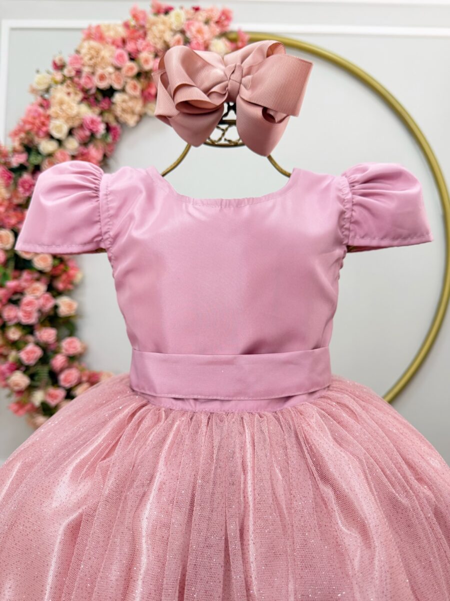 Vestido Infantil Longo Rose Tule com Glitter e Mangas