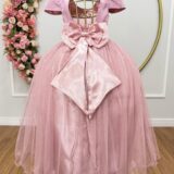 Vestido Infantil Longo Rose Tule com Glitter e Mangas
