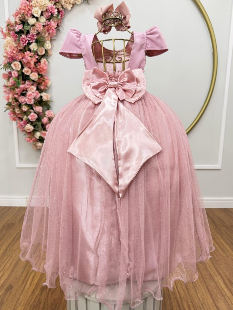 Vestido Infantil Longo Rose Tule com Glitter e Mangas