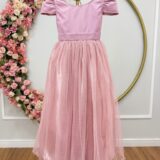 Vestido Infantil Longo Rose Tule com Glitter e Mangas
