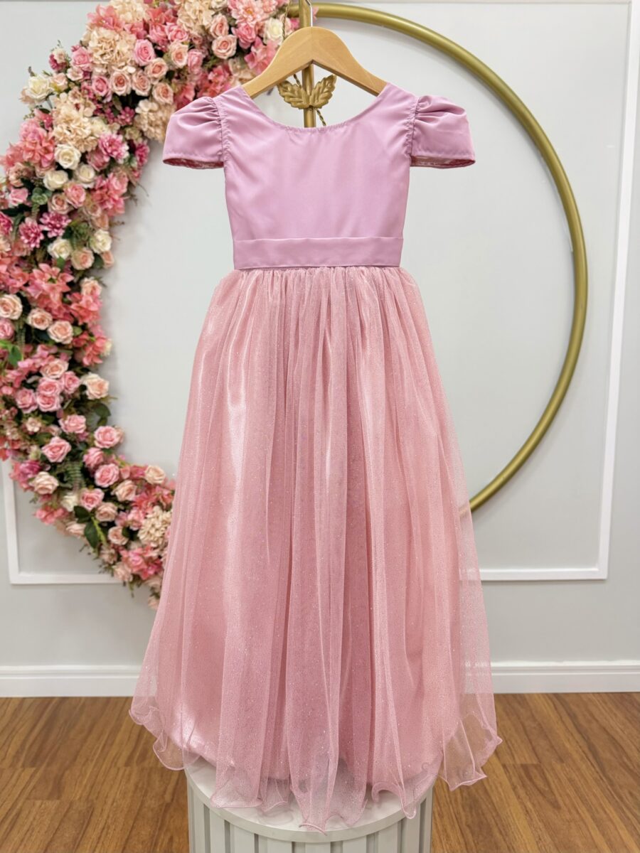 Vestido Infantil Longo Rose Tule com Glitter e Mangas