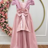 Vestido Infantil Longo Rose Tule com Glitter e Mangas