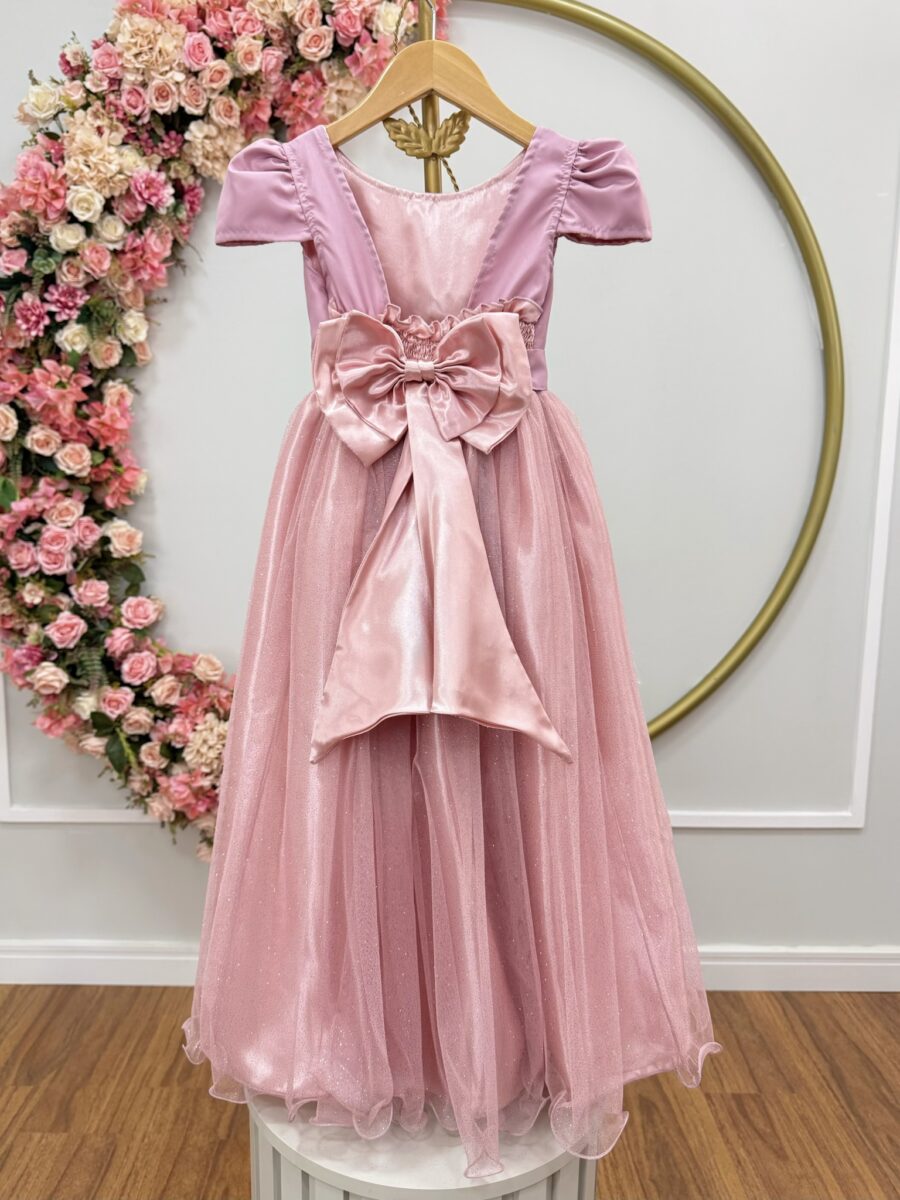 Vestido Infantil Longo Rose Tule com Glitter e Mangas