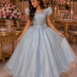 Vestido Longo Infantil Suzy Mini Miss Prata Tule Bordado
