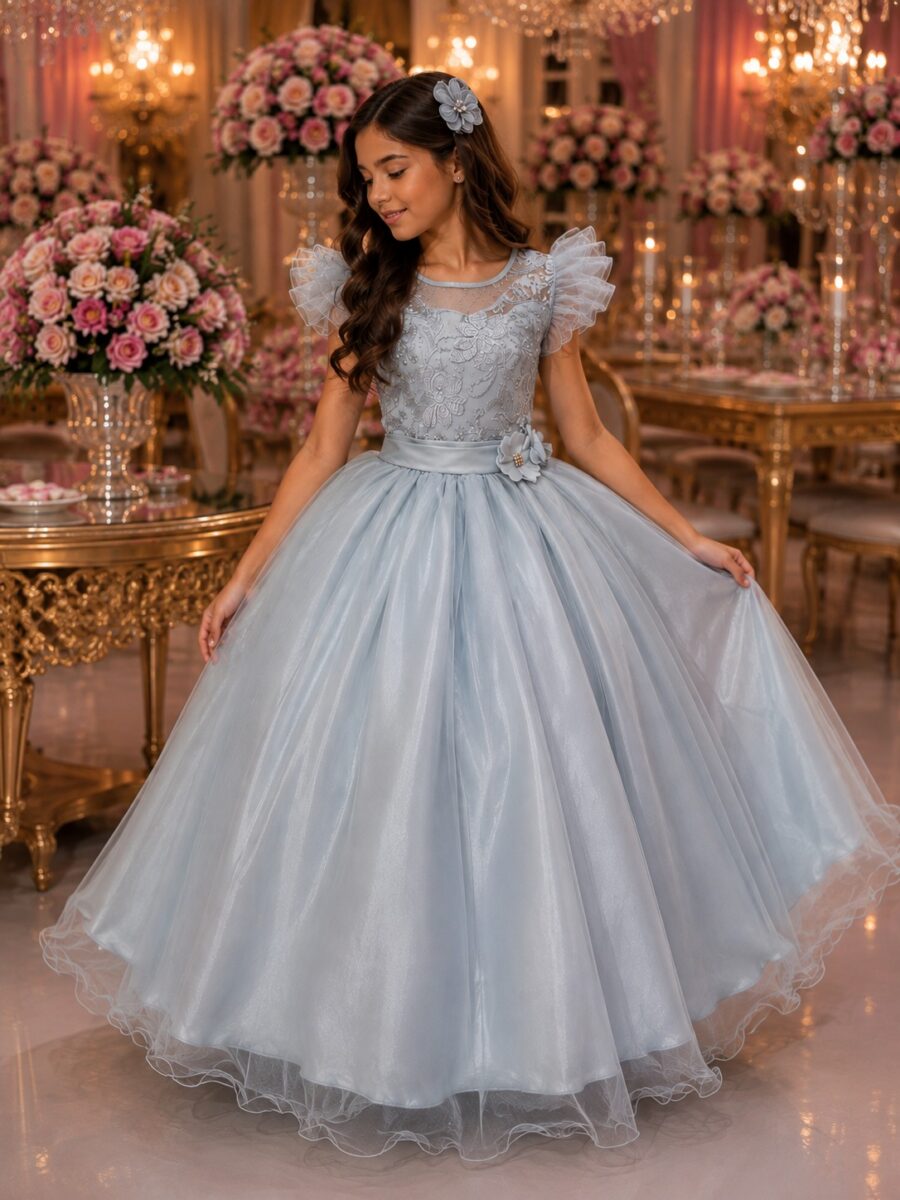 Vestido Longo Infantil Suzy Mini Miss Prata Tule Bordado