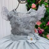 Vestido Longo Infantil Suzy Mini Miss Prata Tule Bordado