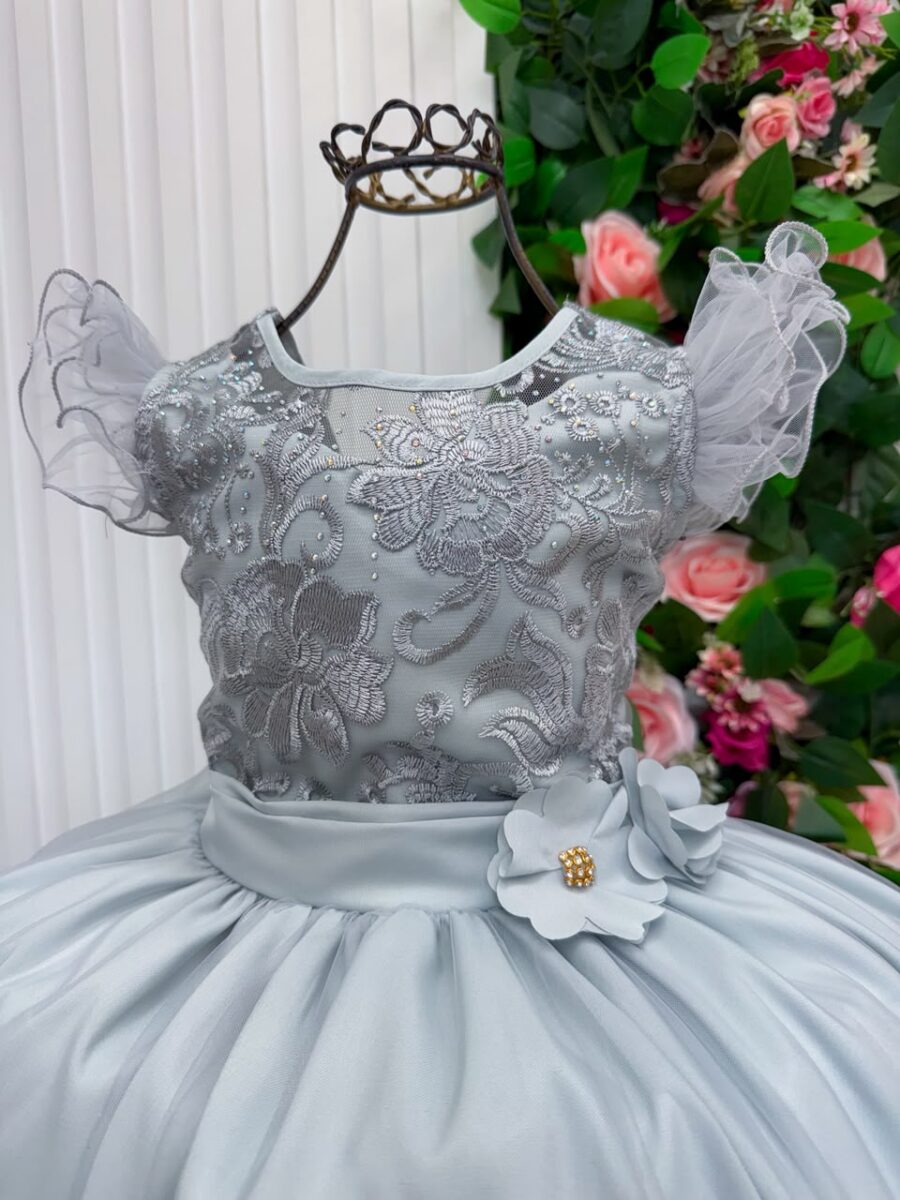 Vestido Longo Infantil Suzy Mini Miss Prata Tule Bordado