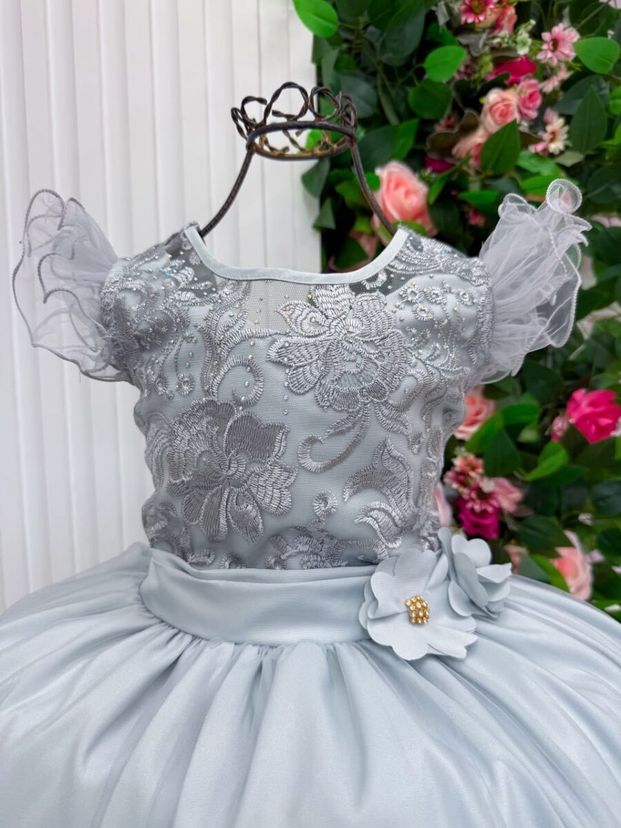 Vestido Longo Infantil Suzy Mini Miss Prata Tule Bordado