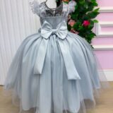 Vestido Longo Infantil Suzy Mini Miss Prata Tule Bordado