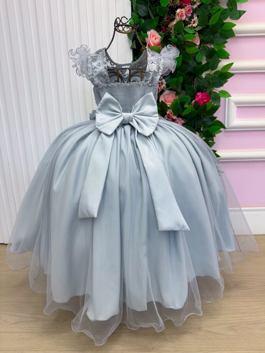Vestido Longo Infantil Suzy Mini Miss Prata Tule Bordado