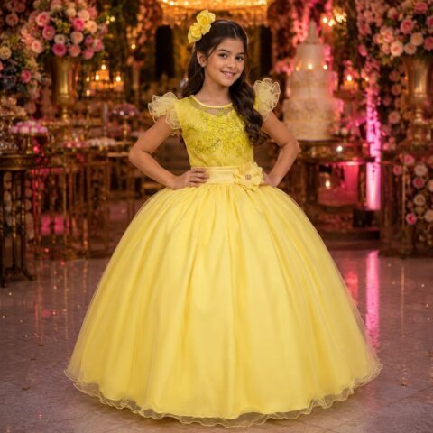 Vestido Longo Infantil Suzy Mini Miss Amarelo Tule Bordado
