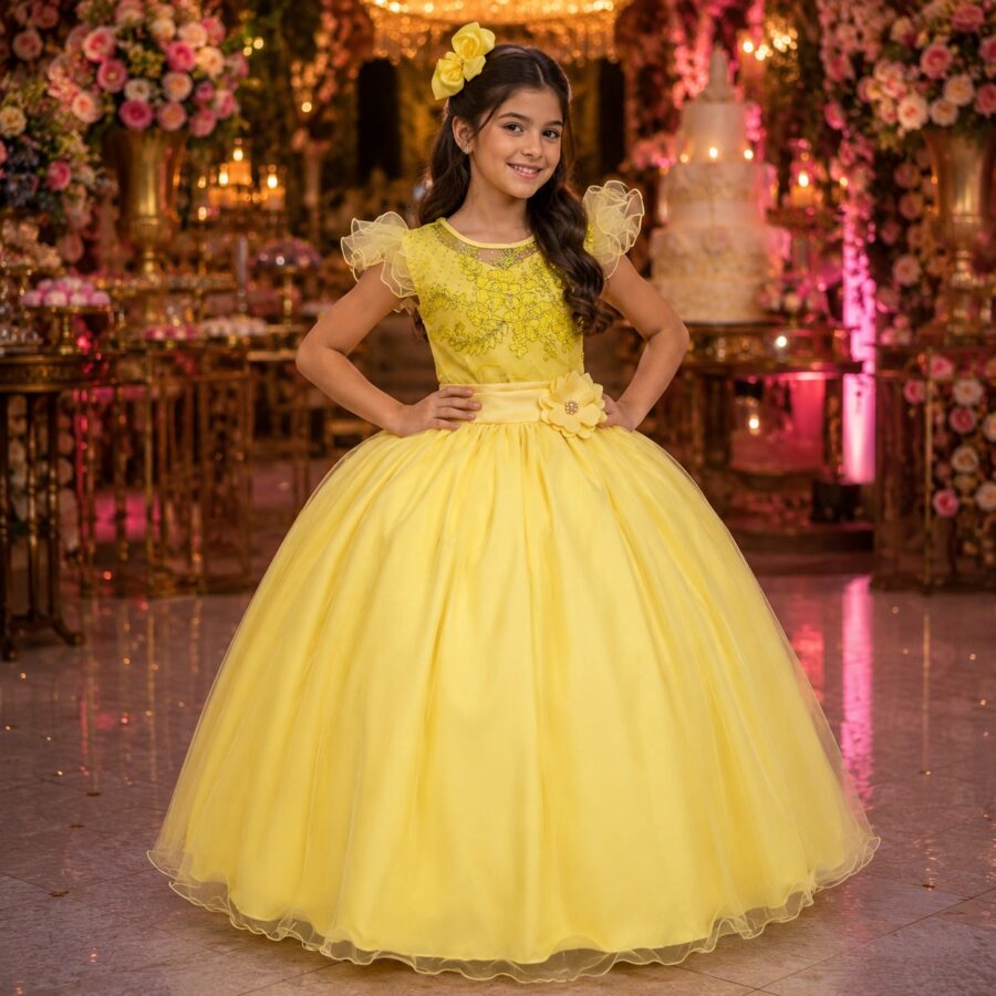 Vestido Longo Infantil Suzy Mini Miss Amarelo Tule Bordado