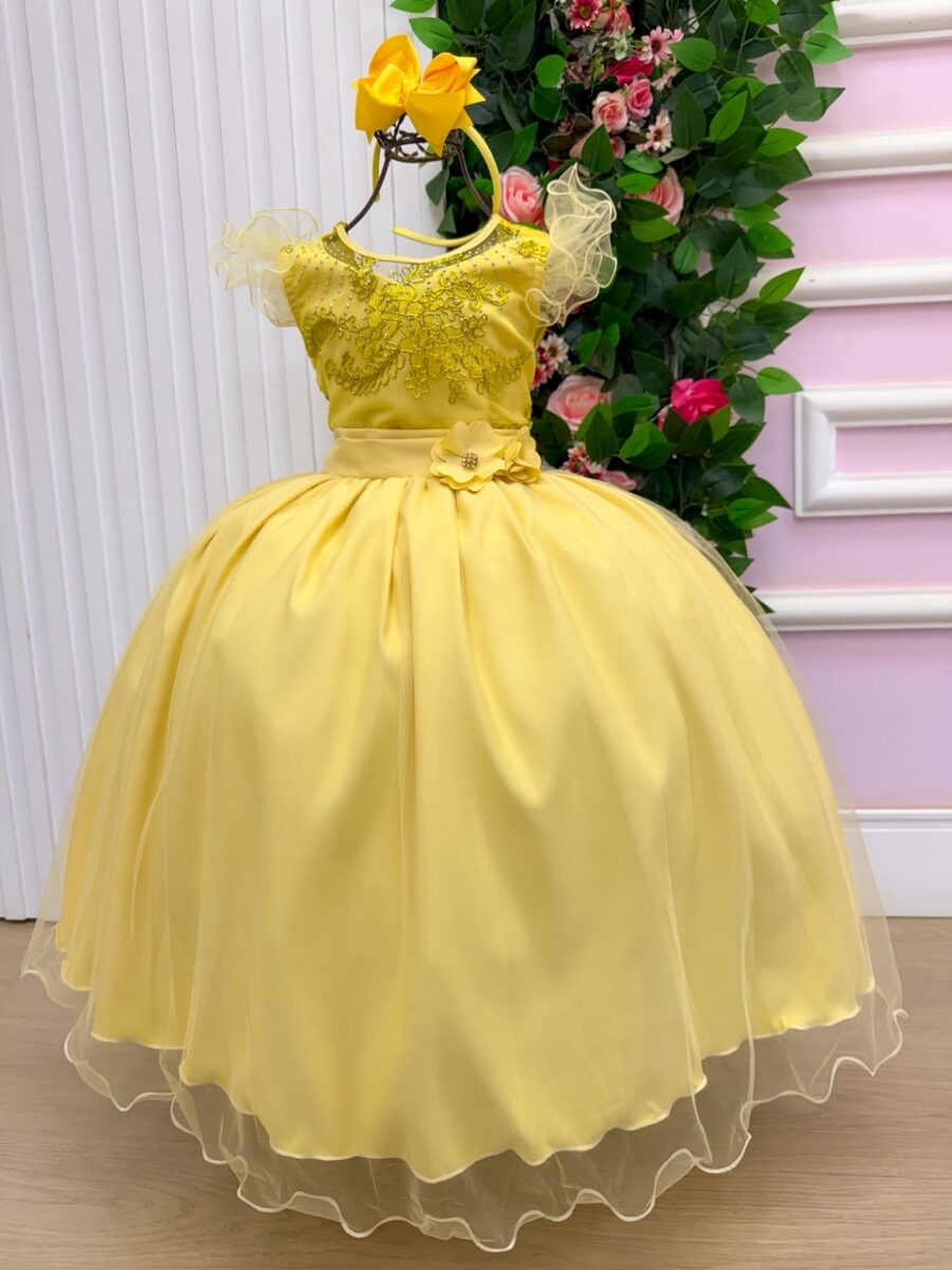 Vestido Longo Infantil Suzy Mini Miss Amarelo Tule Bordado
