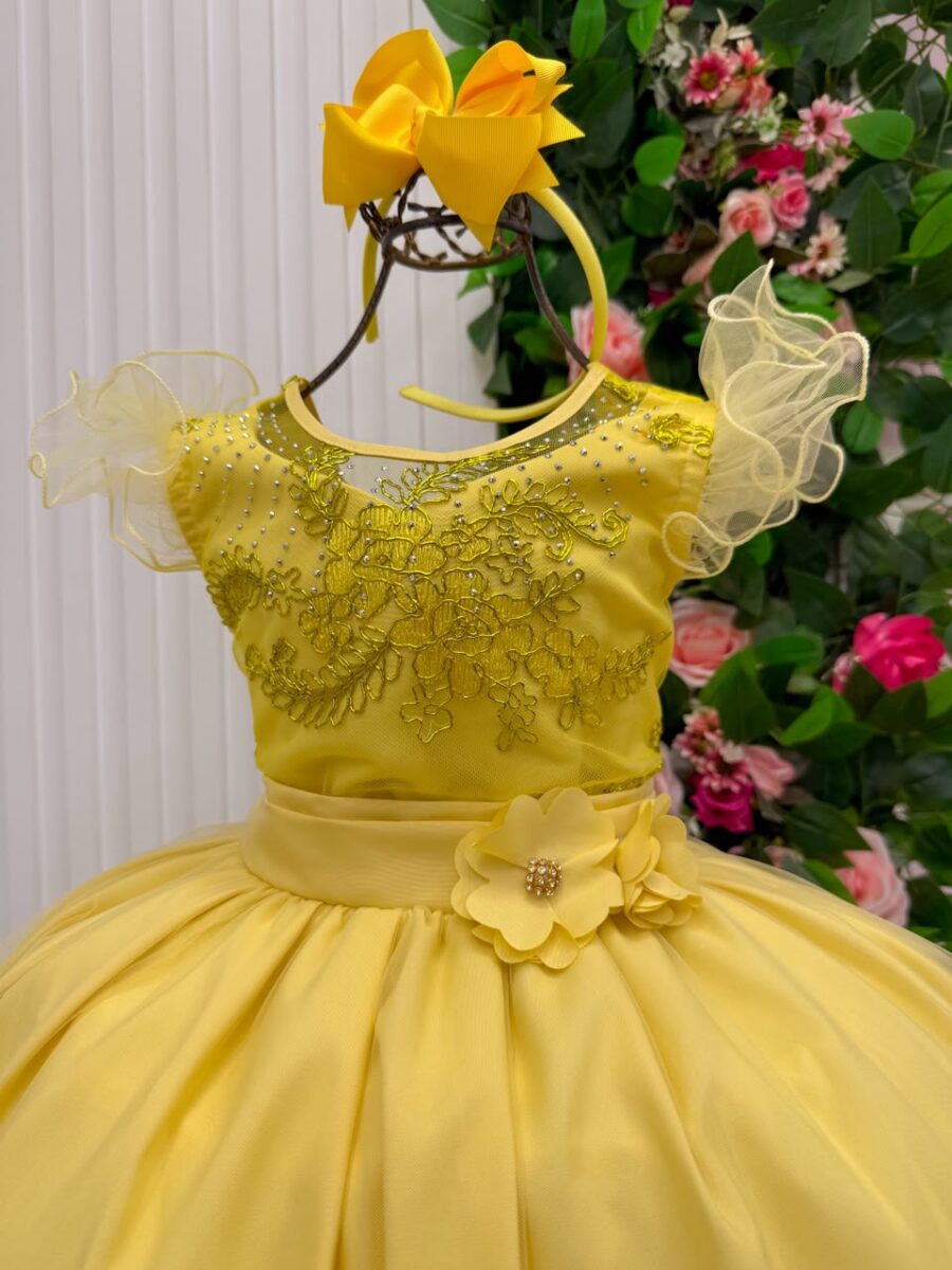 Vestido Longo Infantil Suzy Mini Miss Amarelo Tule Bordado