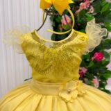 Vestido Longo Infantil Suzy Mini Miss Amarelo Tule Bordado