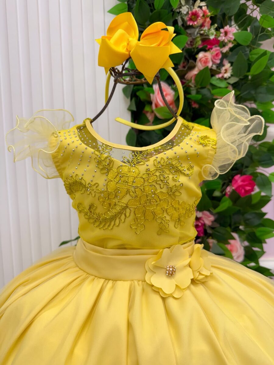 Vestido Longo Infantil Suzy Mini Miss Amarelo Tule Bordado