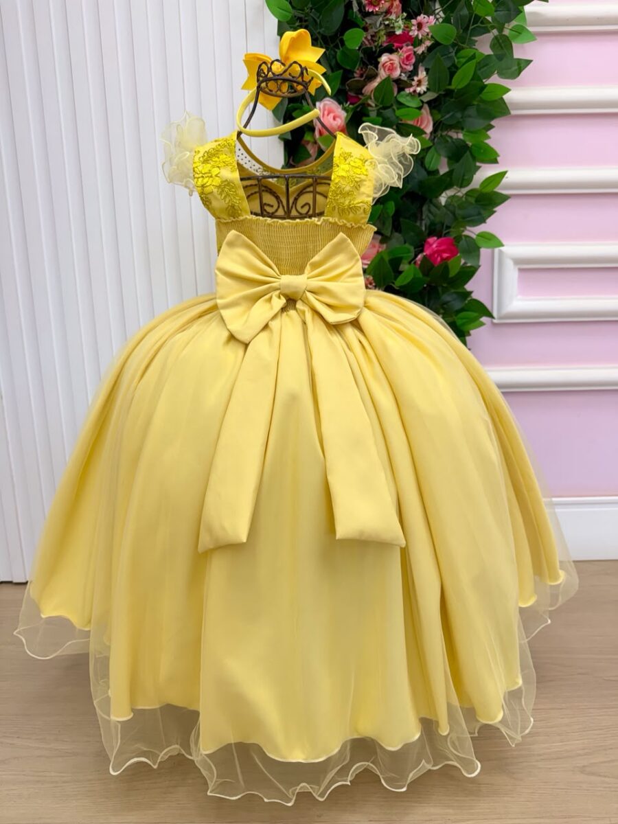 Vestido Longo Infantil Suzy Mini Miss Amarelo Tule Bordado