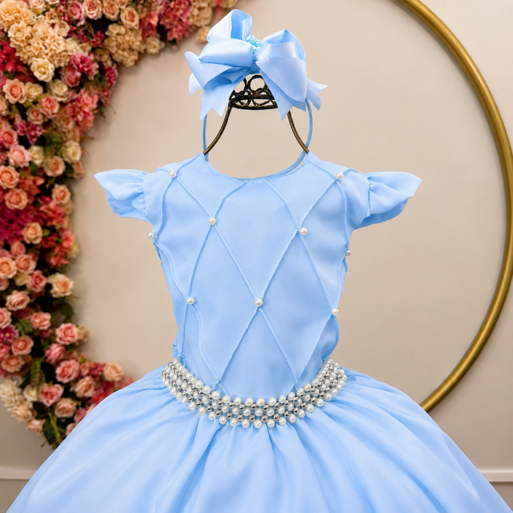 Vestido Longo Infantil Daminha Azul Claro Busto Nervura