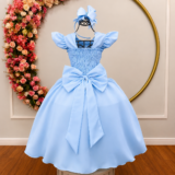 Vestido Longo Infantil Daminha Azul Claro Busto Nervura