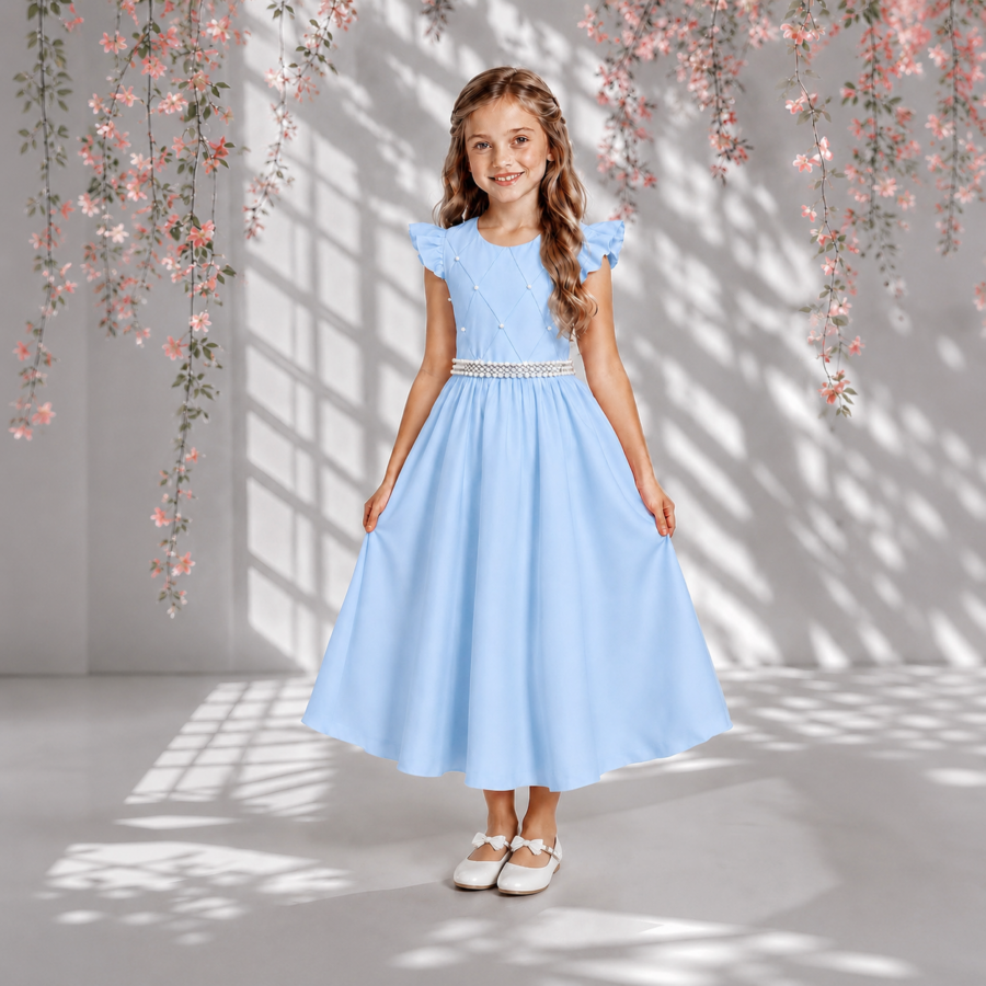 Vestido Longo Infantil Daminha Azul Claro Busto Nervura