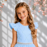 Vestido Longo Infantil Daminha Azul Claro Busto Nervura