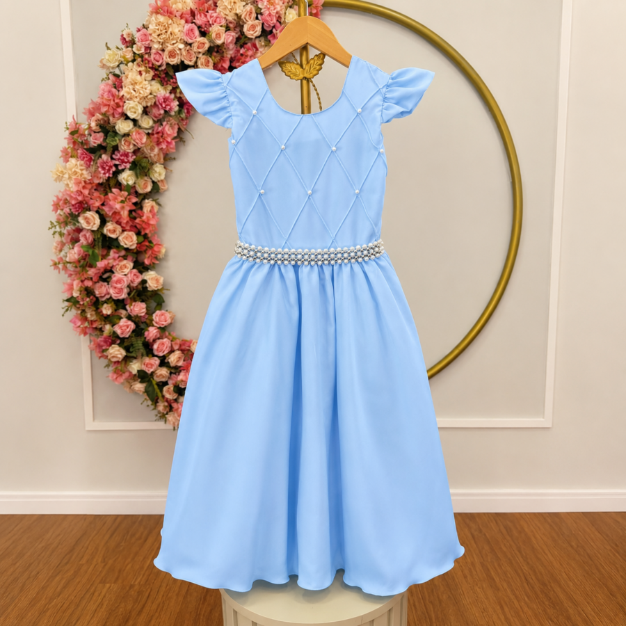 Vestido Longo Infantil Daminha Azul Claro Busto Nervura