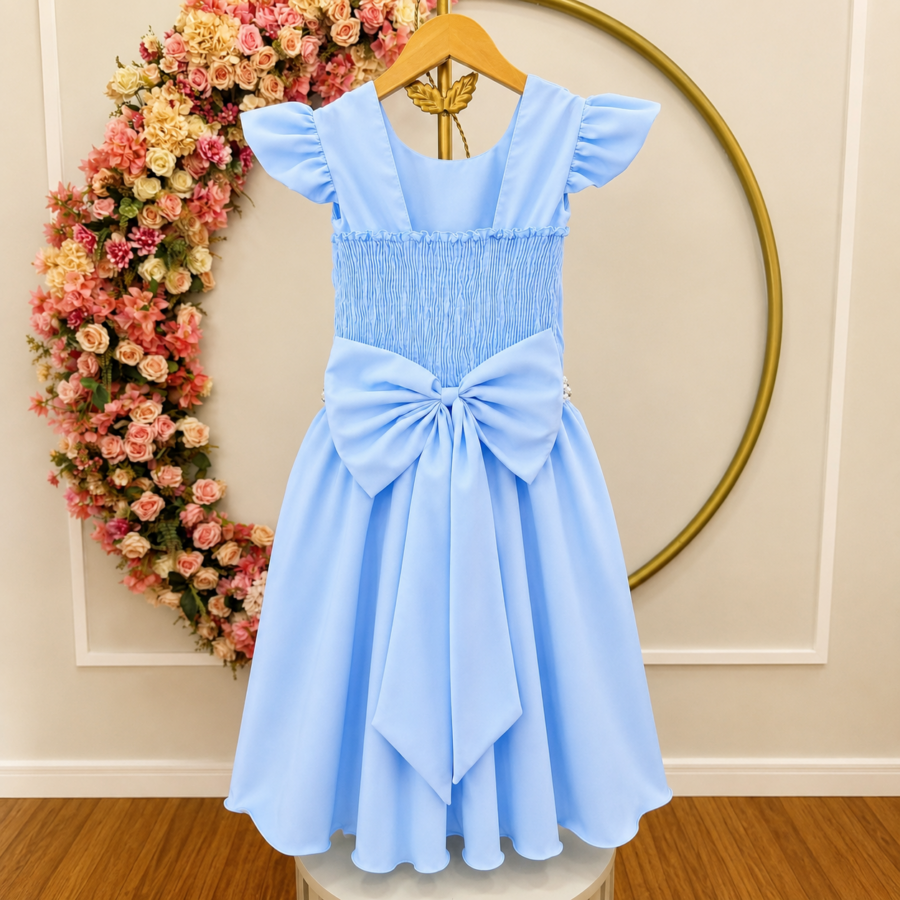 Vestido Longo Infantil Daminha Azul Claro Busto Nervura