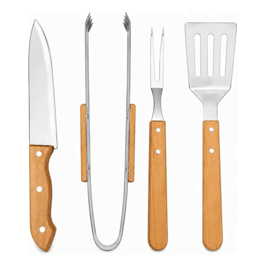 Kit Churrasco 4 Peças Inox Cabo de Madeira com Estojo