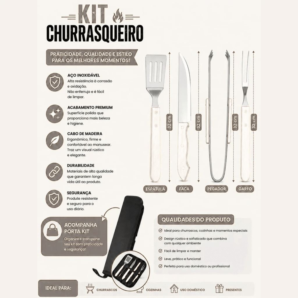 Kit Churrasco 4 Peças Inox Cabo de Madeira com Estojo