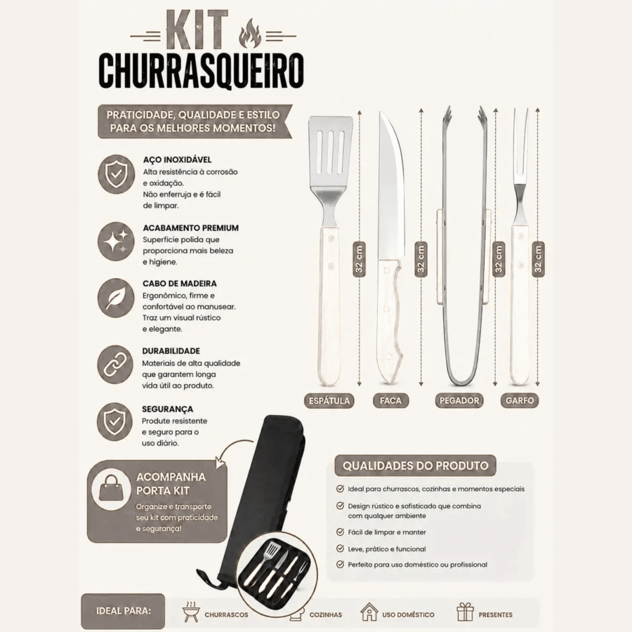Kit Churrasco 4 Peças Inox Cabo de Madeira com Estojo