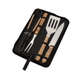 Kit Churrasco 4 Peças Inox Cabo de Madeira com Estojo