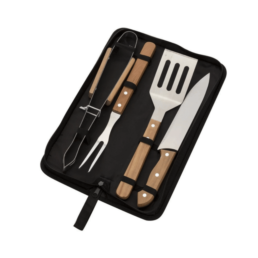 Kit Churrasco 4 Peças Inox Cabo de Madeira com Estojo